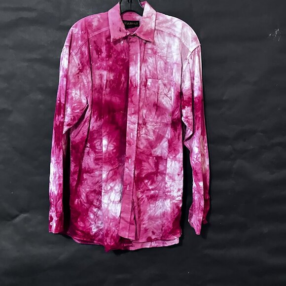 Ariat Tie Dye Shirt Long Sleeve Size Large Red Pink Rodeo Pearl Snaps Cowboy LT - Picture 9 of 10